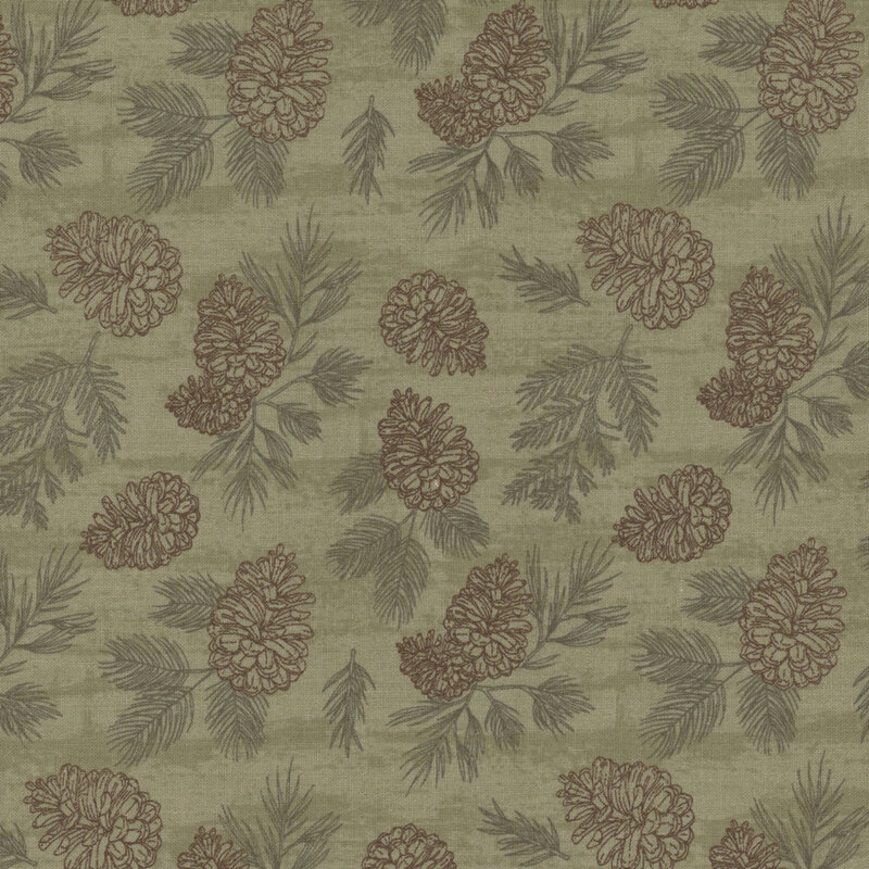 sage green fabric featuring pinecones and pine needles. 