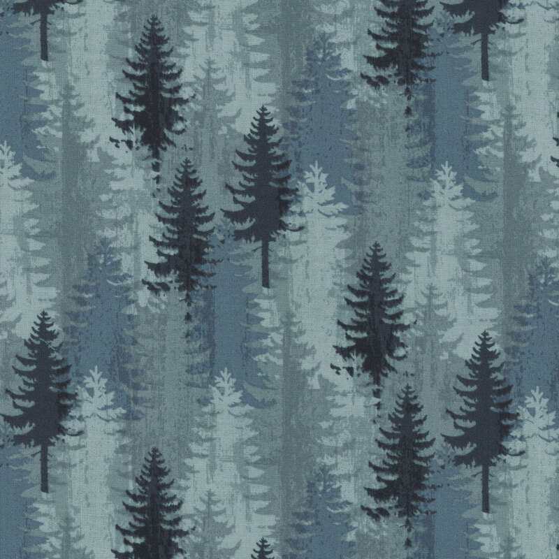lovely dutch blue fabric featuring rows of overlapping tonal pine trees
