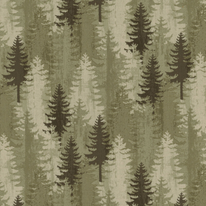 lovely sage green fabric featuring rows of overlapping tonal pine trees