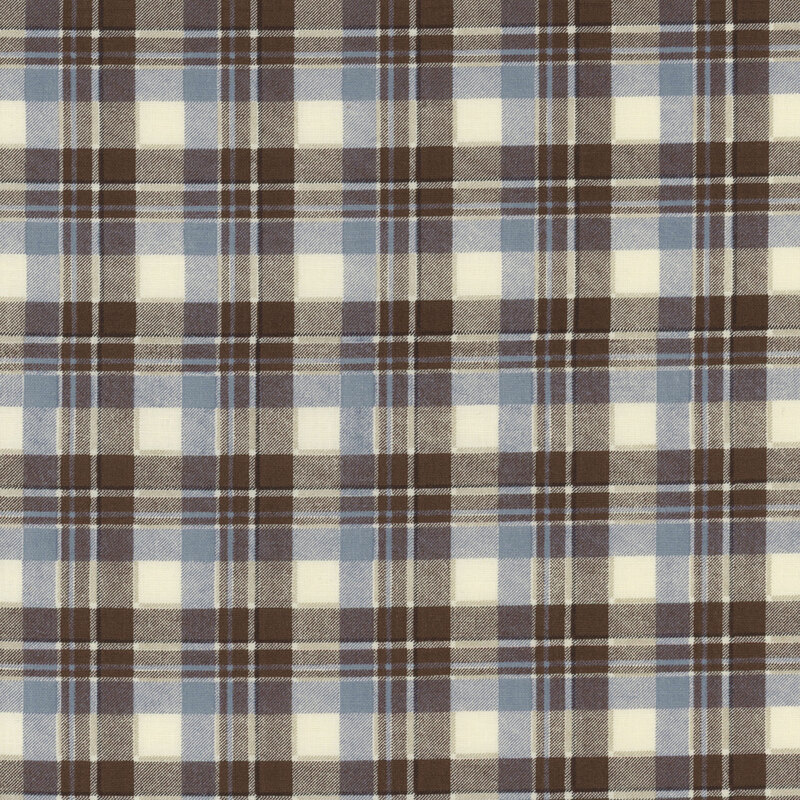 gorgeous muted plaid fabric including blue, brown, and cream