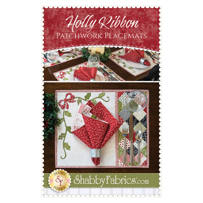 Front cover of the Holly Ribbon Placemats pattern featuring a photo of the finished project and title with designer information