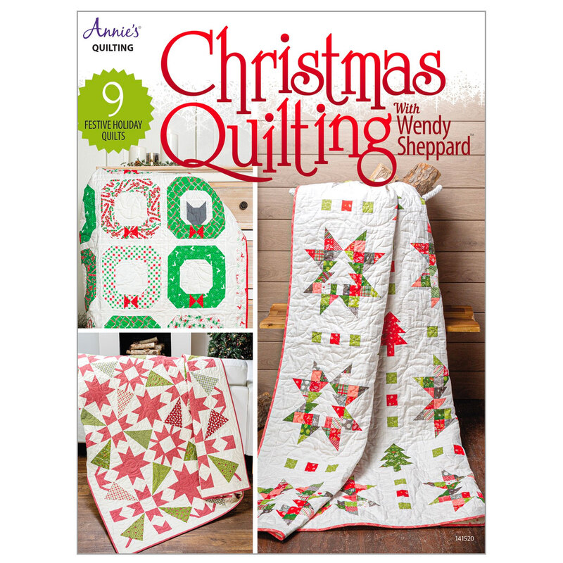 front of the christmas quilting pattern book with sample photos of several christmas colored projects from the book
