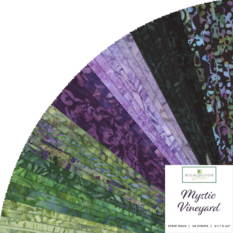 Graphic of green, purple and black batik fabrics within the mystic vineyard 40 karat jewels