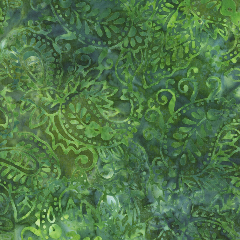 lovely green batik fabric featuring tonal paisley patterning in mottled greens
