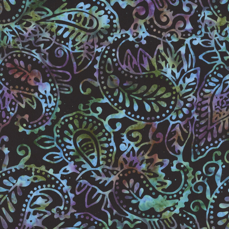 lovely black batik fabric featuring purple, blue, and green mottled paisley patterning