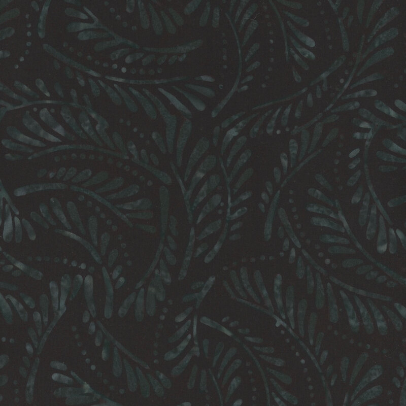 beautiful black fabric featuring tonal black and phthalo green mottling and scattered abstract ferns