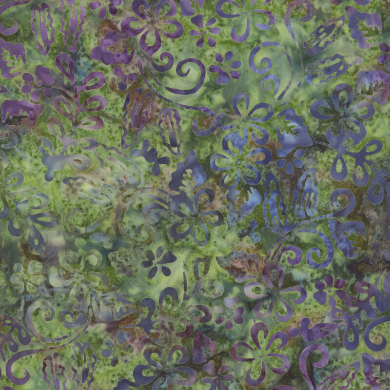 wonderful muted green fabric featuring tonal mottling and a scattered floral design in mottled blues and purples