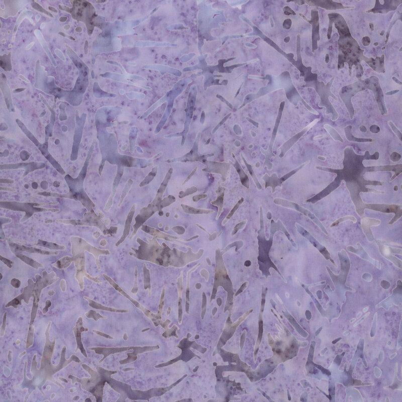 lavender batik fabric featuring tonal mottling and mottled purple abstract leaves