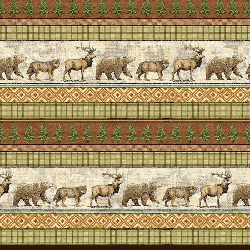 wonderful border stripe fabric featuring warm earth tones with rows of trees, wolves, bears, and elk, perfect for any rustic project