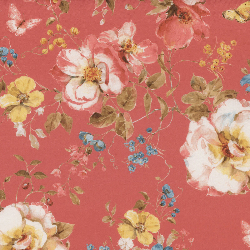 dark pink fabric featuring a large scattered floral pattern, with a few butterflies strewn amidst the flowers and vines