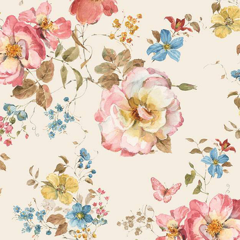 off white fabric featuring a large scattered floral pattern, with a few butterflies strewn amidst the flowers and vines