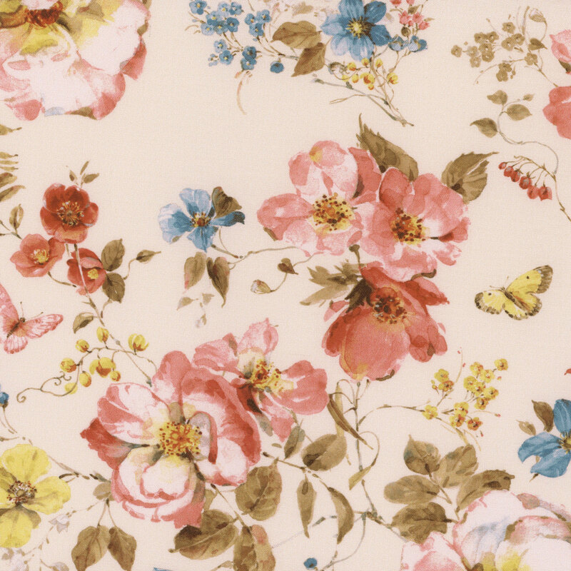 off white fabric featuring a large scattered floral pattern, with a few butterflies strewn amidst the flowers and vines
