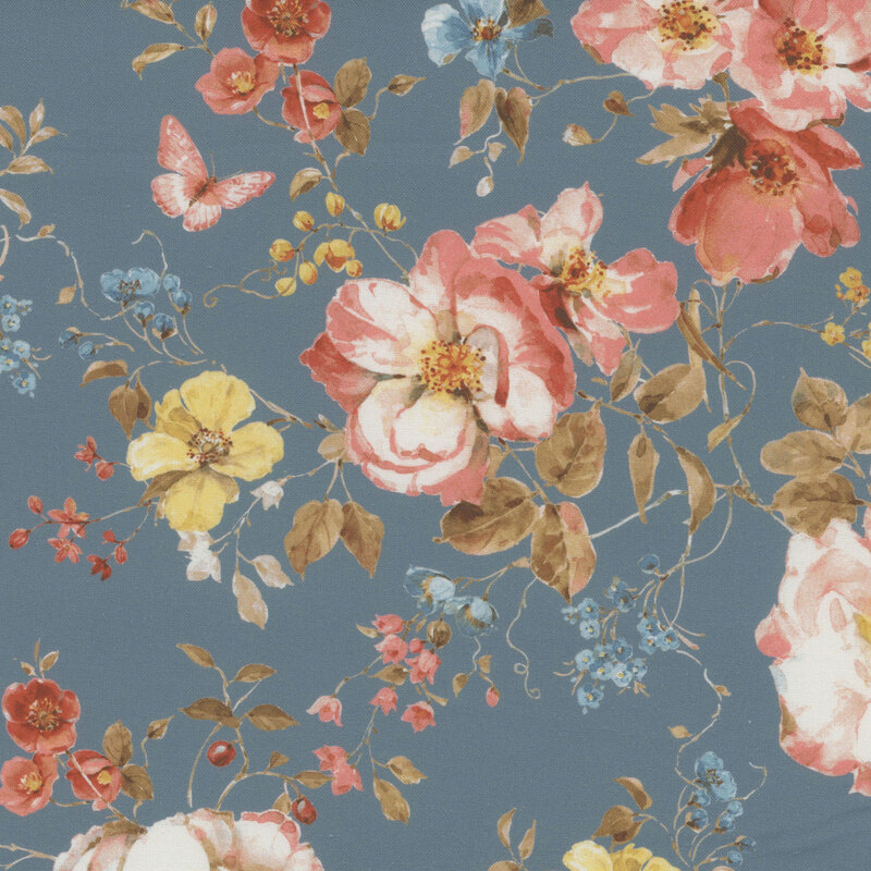 dusty blue fabric featuring a large scattered floral pattern, with a few butterflies strewn amidst the flowers and vines