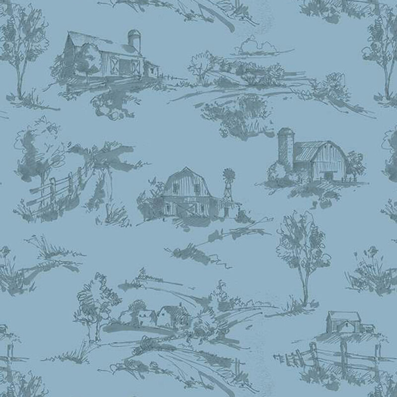 dutch blue fabric featuring scattered tonal sketches of barns, farm houses, and tree lined country paths