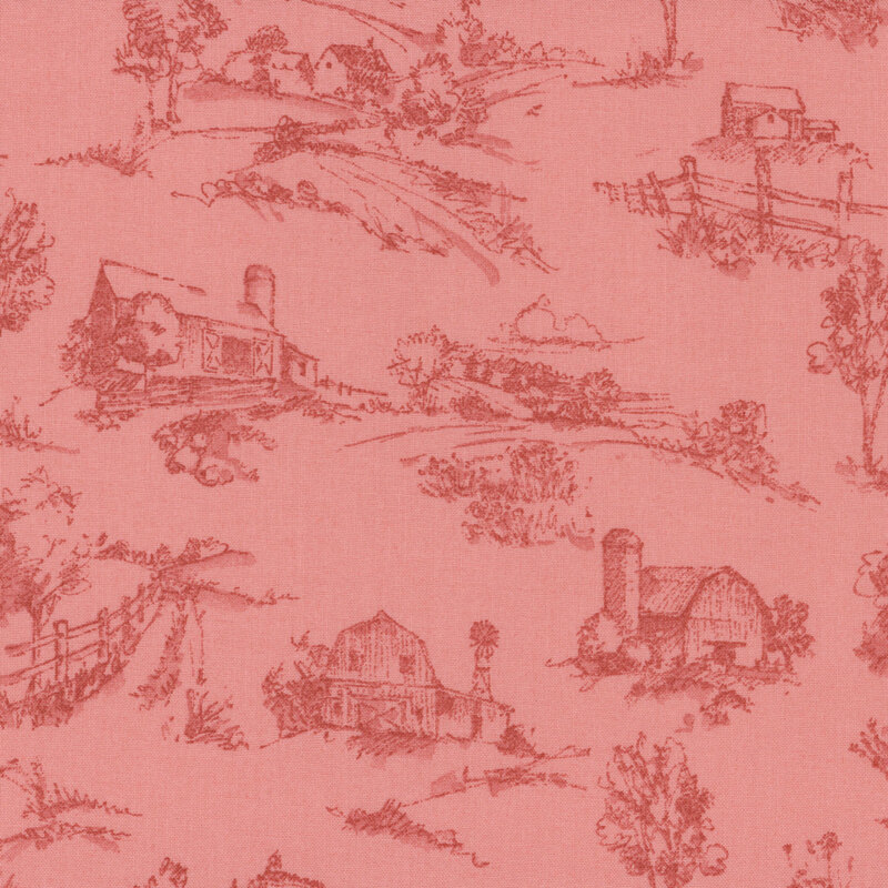 muted pink fabric featuring scattered tonal sketches of barns, farm houses, and tree lined country paths