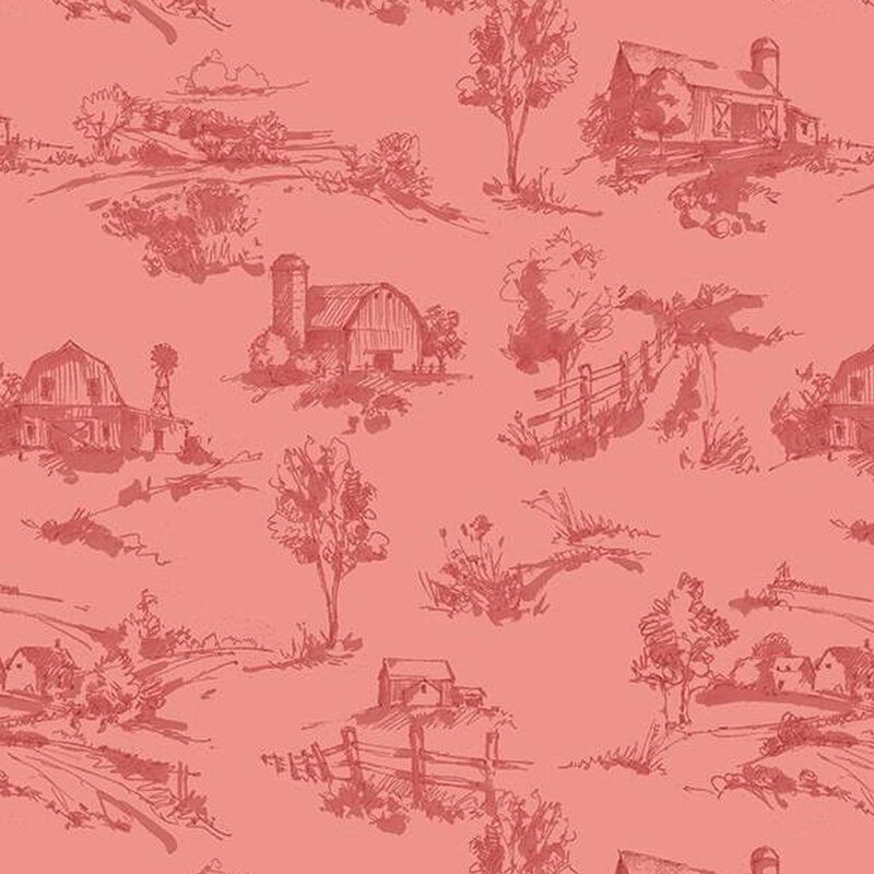 muted pink fabric featuring scattered tonal sketches of barns, farm houses, and tree lined country paths
