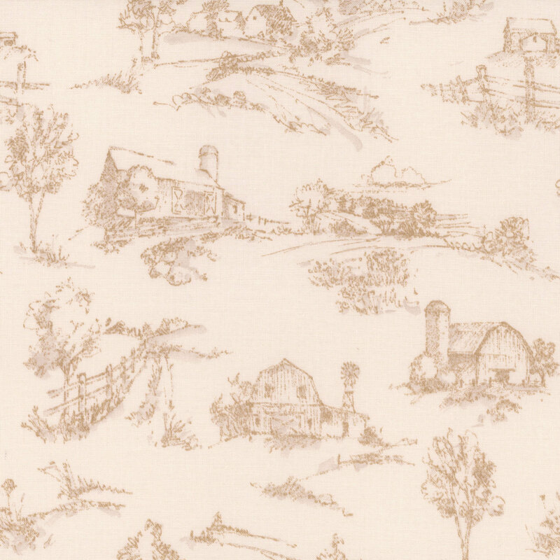 off white fabric featuring scattered tonal sketches of barns, farm houses, and tree lined country paths