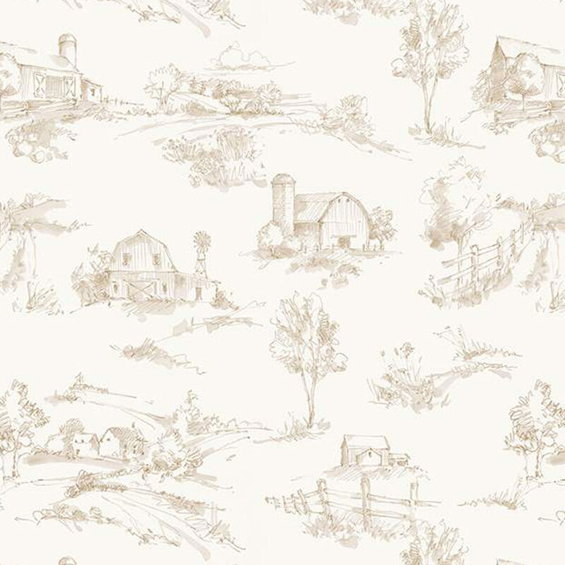 off white fabric featuring scattered tonal sketches of barns, farm houses, and tree lined country paths