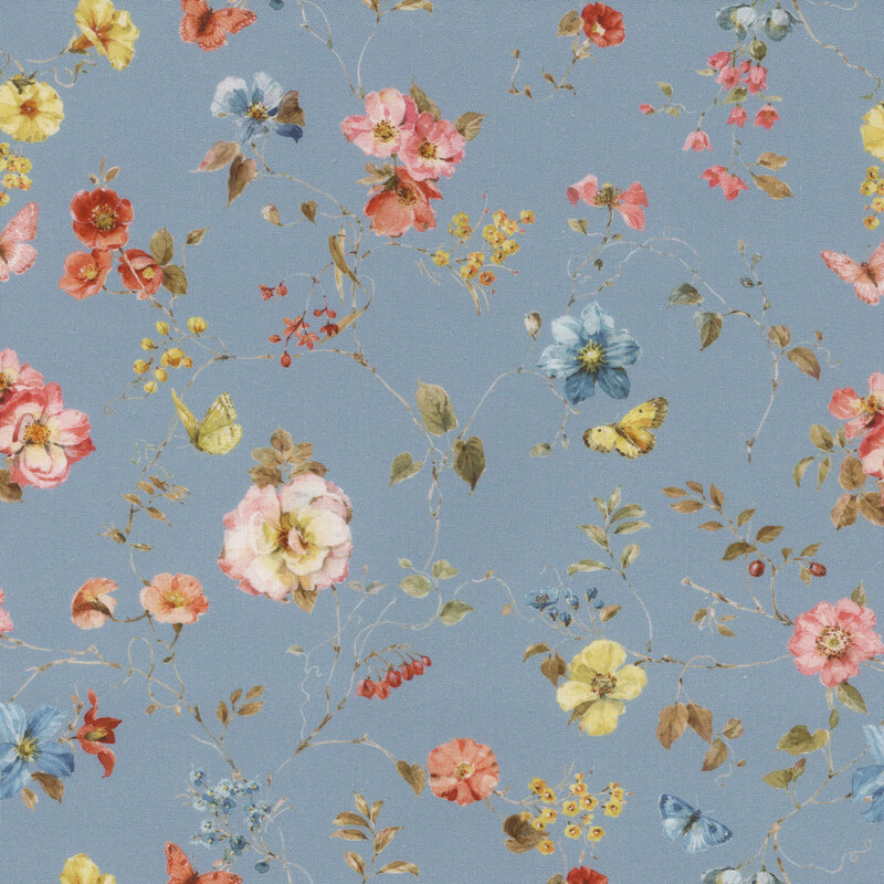 dutch blue fabric featuring delicate florals on sprawling vines, with the occasional butterfly fluttering by