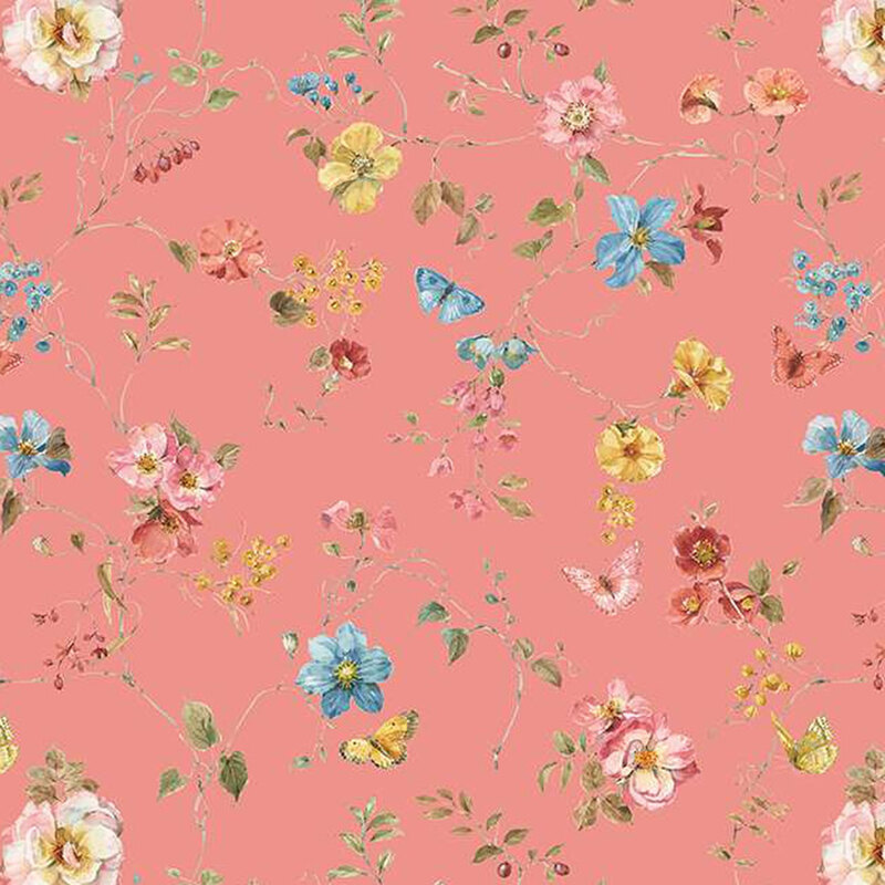 medium pink fabric featuring delicate florals on sprawling vines, with the occasional butterfly fluttering by