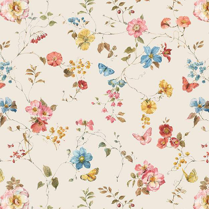 off white fabric featuring delicate florals on sprawling vines, with the occasional butterfly fluttering by