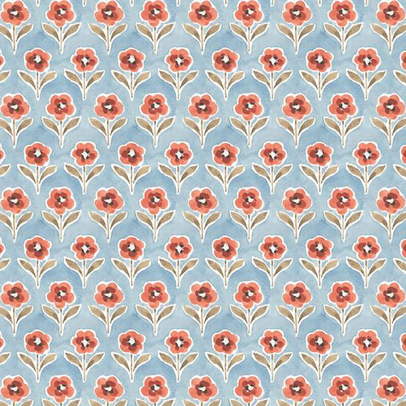 dutch blue fabric featuring evenly spaced rows of red flowers