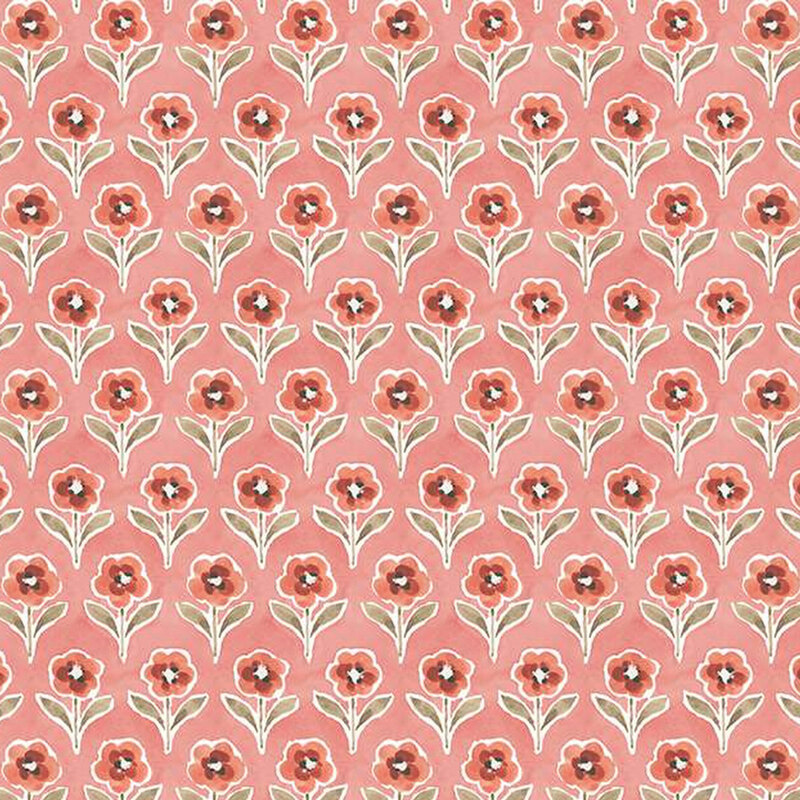 medium pink fabric featuring evenly spaced rows of red flowers