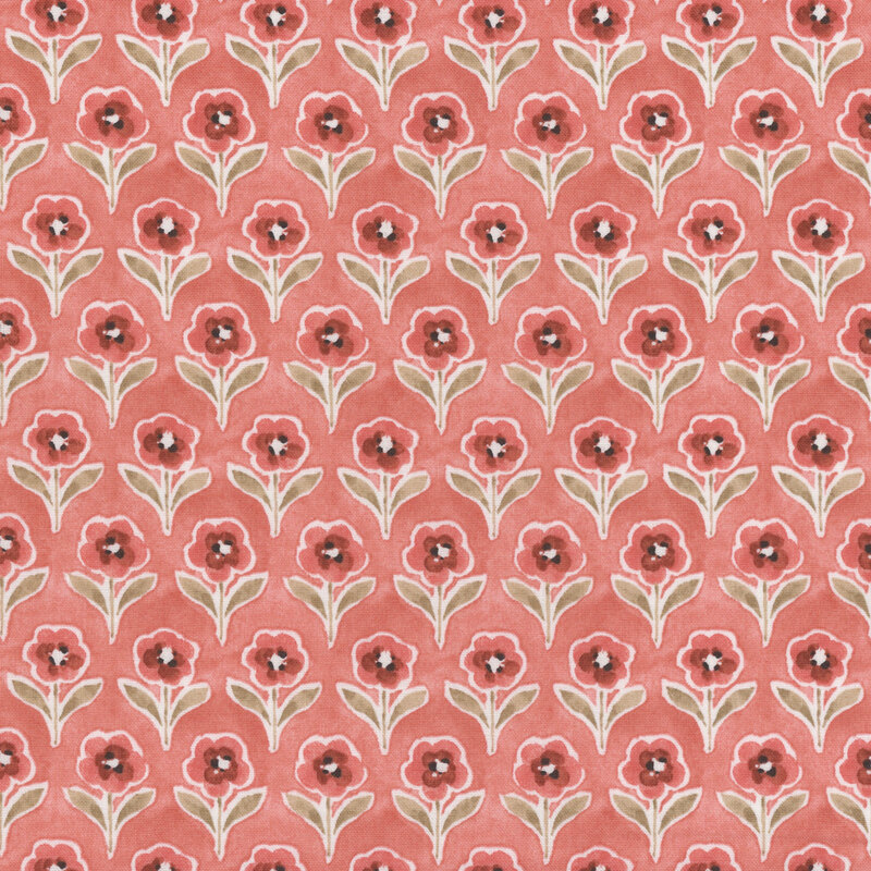 medium pink fabric featuring evenly spaced rows of red flowers