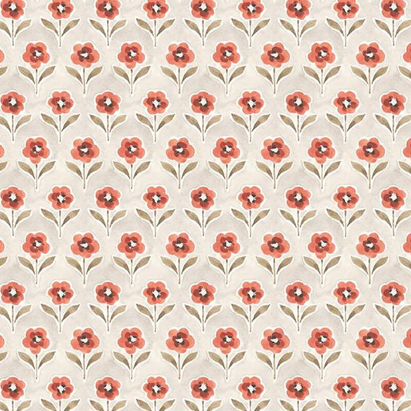 off white fabric featuring evenly spaced rows of red flowers