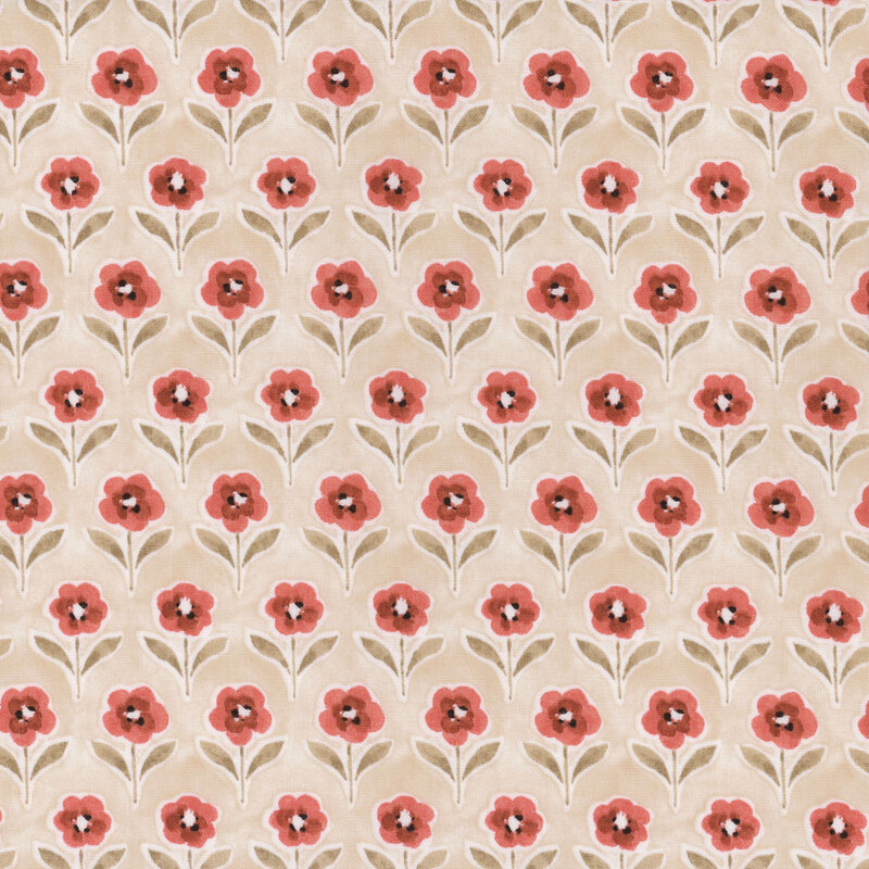 off white fabric featuring evenly spaced rows of red flowers