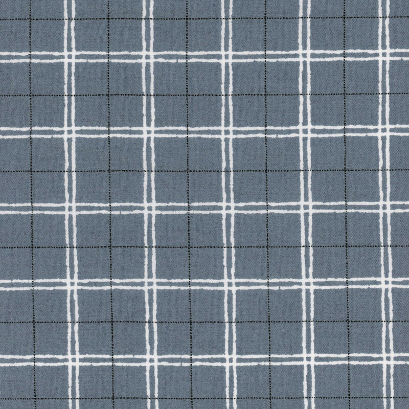 steel blue plaid fabric featuring sketched cream and darker dutch blue lines