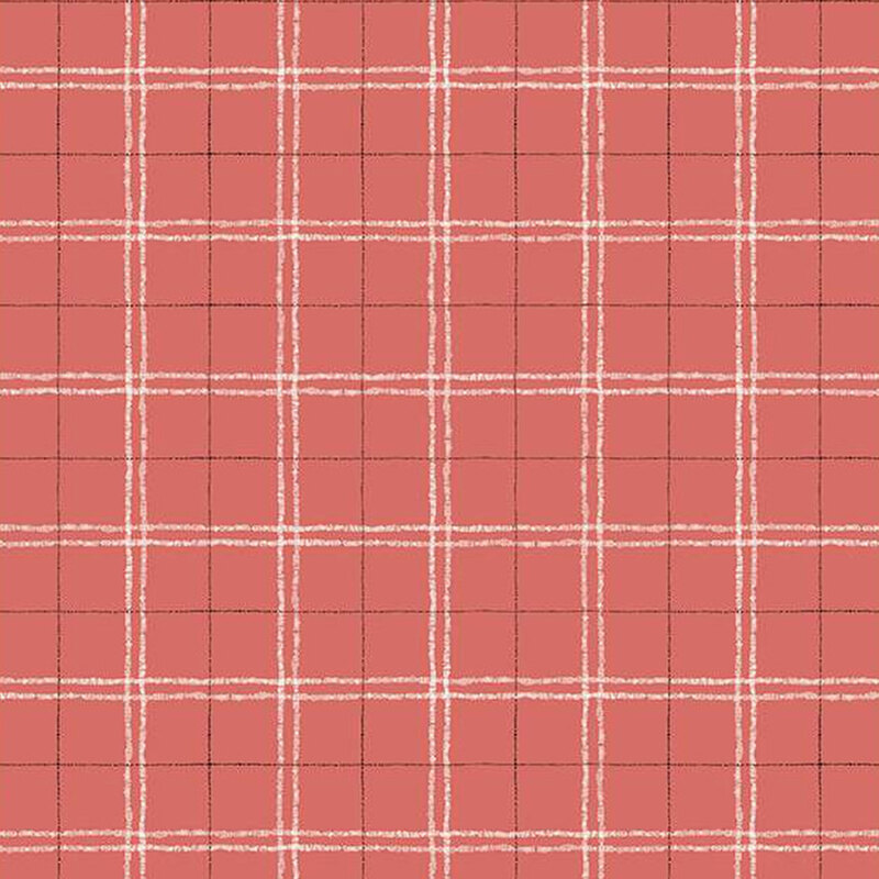 dark pink plaid fabric featuring sketched cream and brown lines