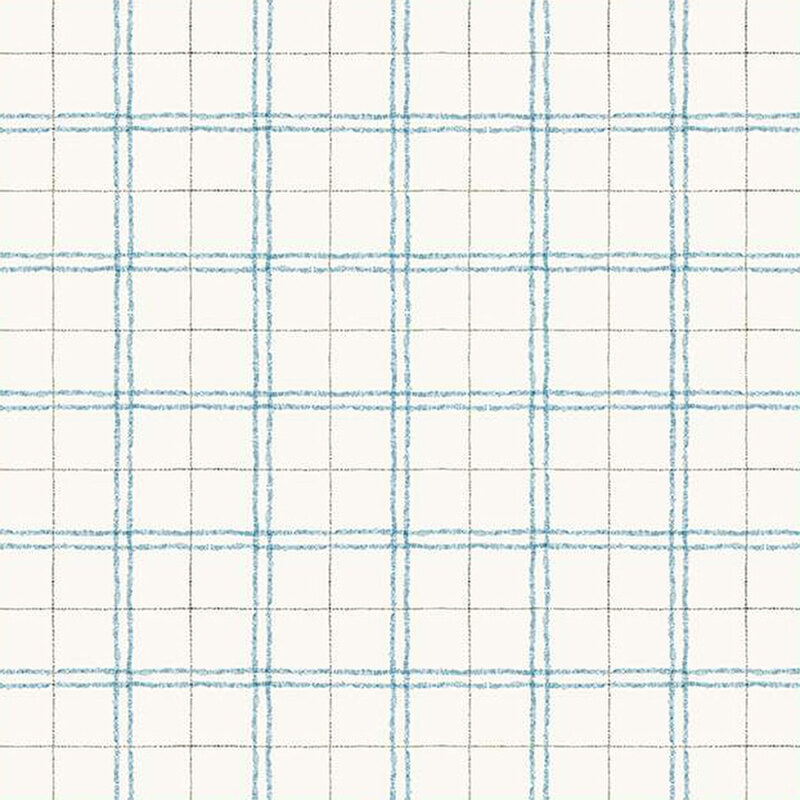 off white plaid fabric featuring sketched dutch blue and brown lines