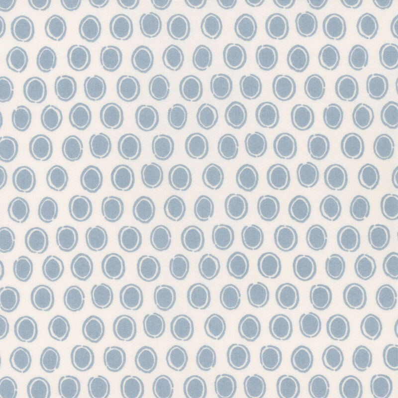 off white fabric featuring rows of dutch blue ovals surrounded by sketched circles