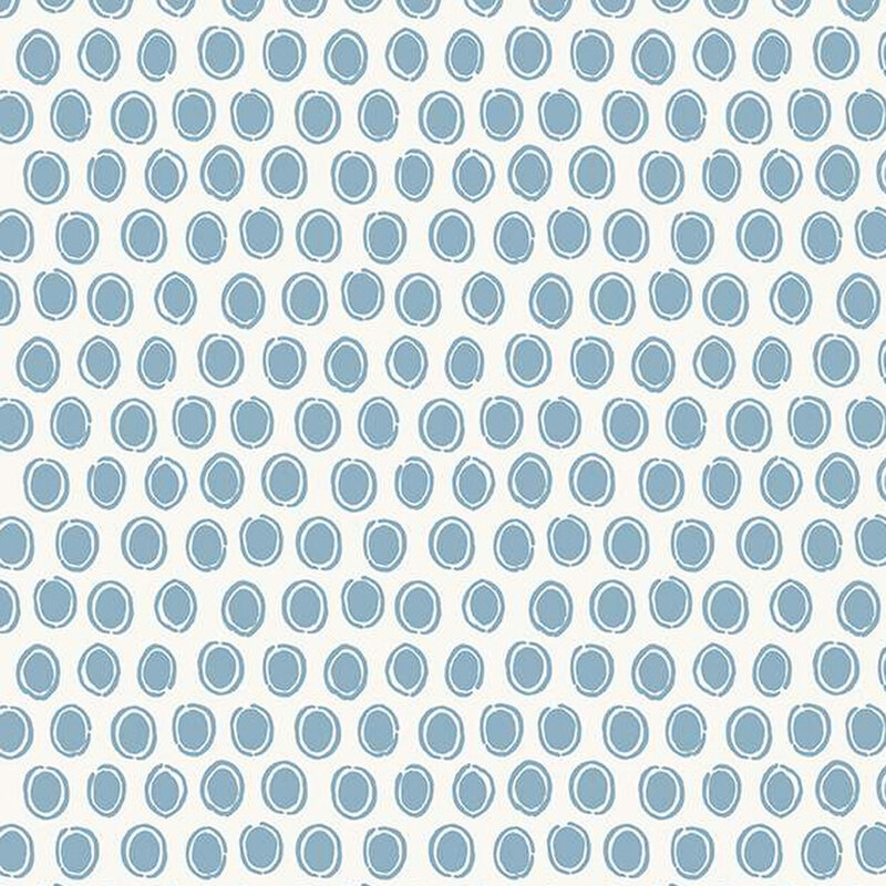 off white fabric featuring rows of dutch blue ovals surrounded by sketched circles