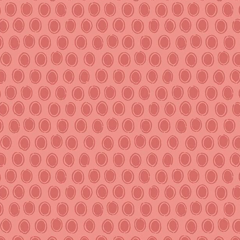 dark pink fabric featuring rows of darker faded red ovals surrounded by sketched circles