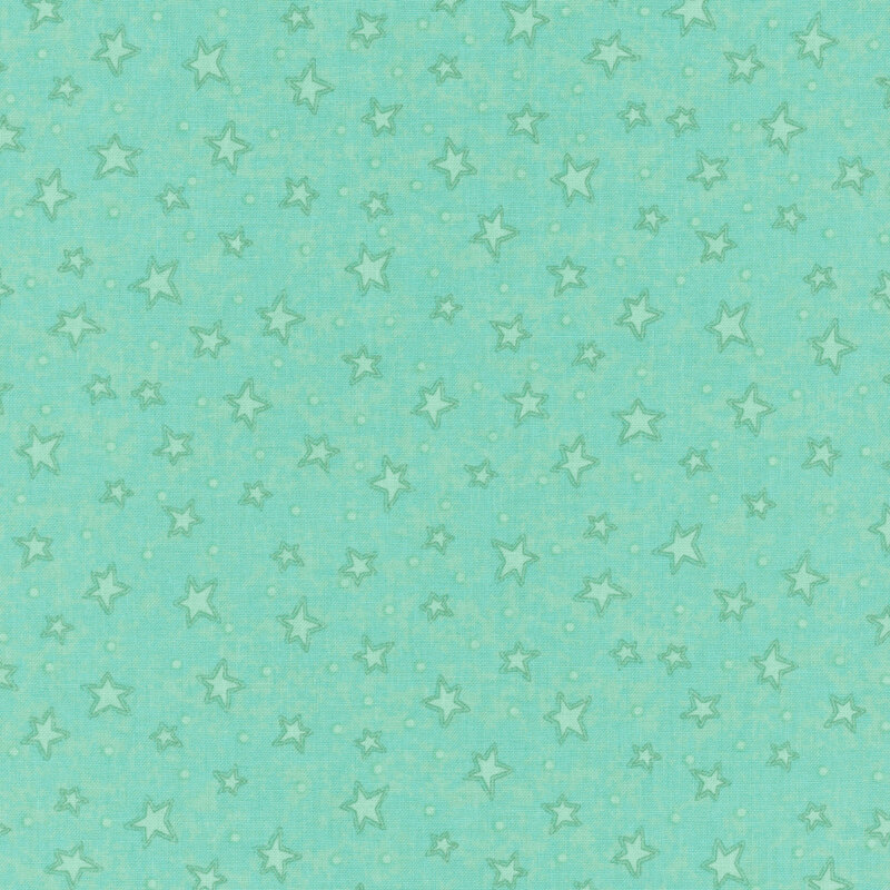mottled light teal fabric with scattered ditsy stars and tonal speckles