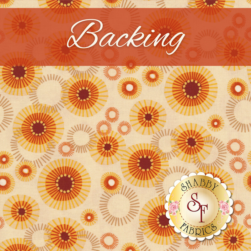 Cream fabric with abstract orange and yellow circles of varying sizes and an orange banner at the top that reads 