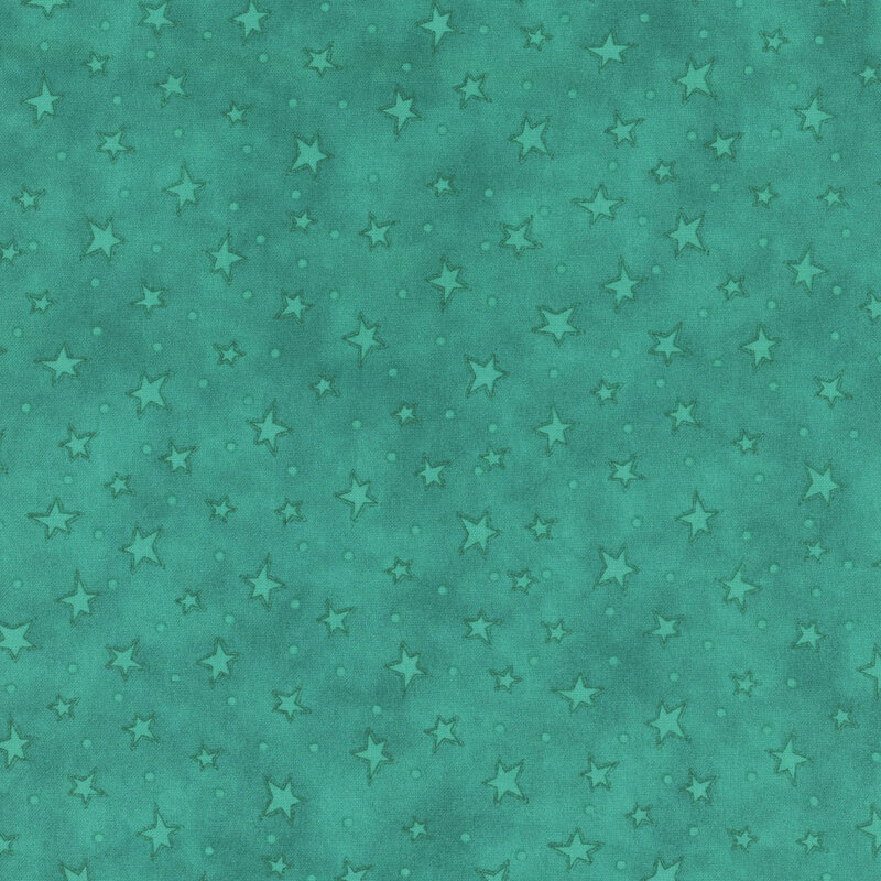 mottled bright teal fabric with scattered ditsy stars and tonal speckles