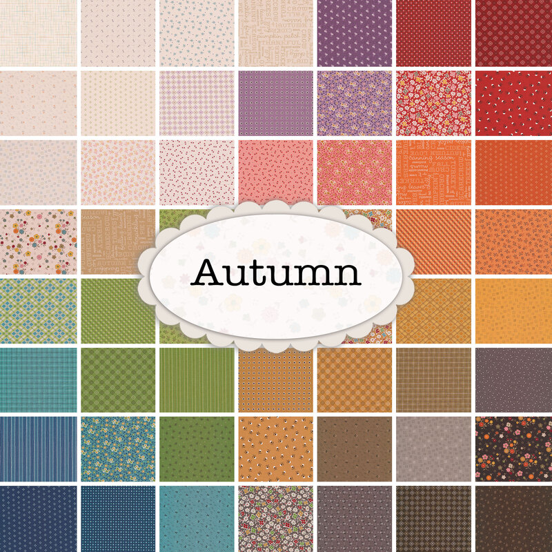 Graphic of all fabrics in the Autumn collection, in a rainbow of colors, including cream and brown
