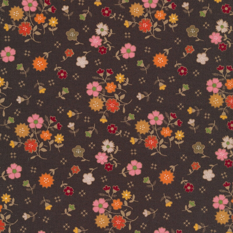 classic brown fabric featuring a scattered muted, autumnal floral pattern, with interspersed hatch marks