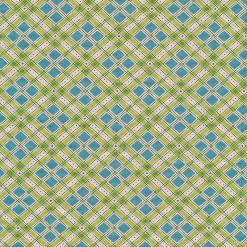 diagonal plaid fabric featuring lovely lettuce green and cream lines with blue diamond accents