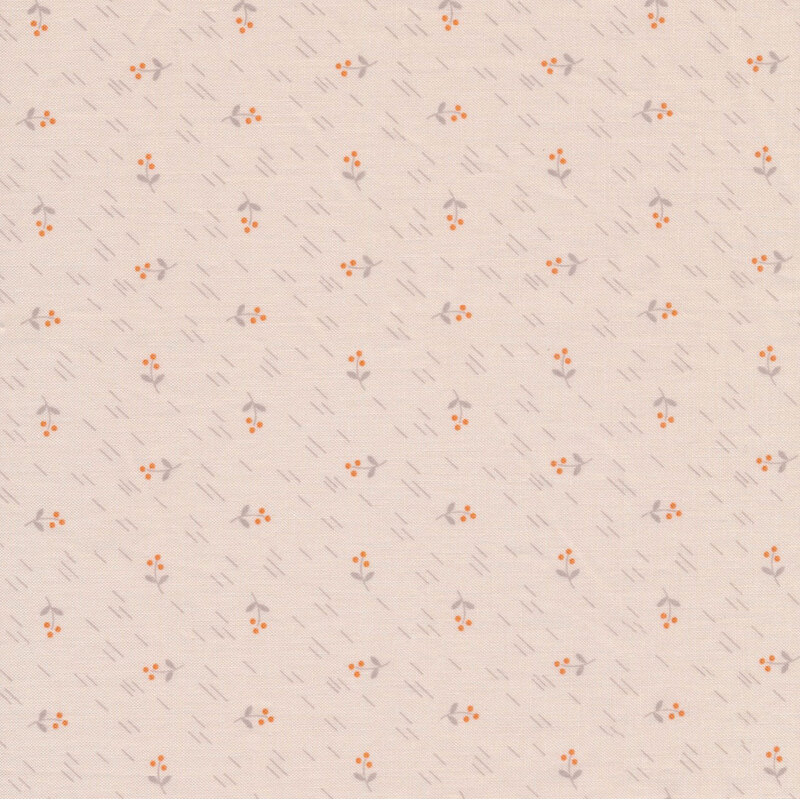 classic cream fabric featuring rows of scattered orange berries and warm gray dash marks