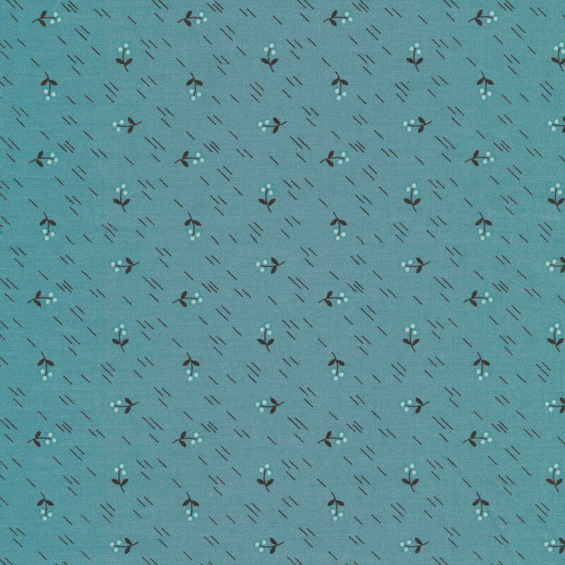 soft teal fabric featuring rows of scattered white berries and black dash marks