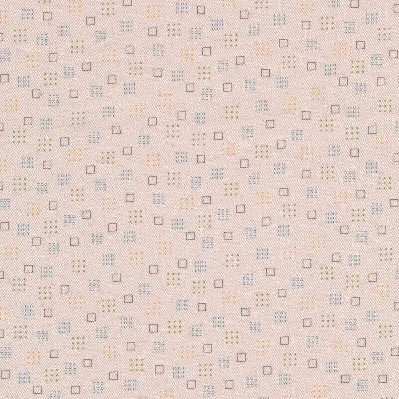 classic cream fabric featuring scattered muted green and yellow dot squares, muted teal dash squares, and warm gray square outlines
