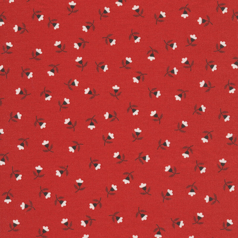 brilliant red fabric featuring a scattered ditsy pattern of white flowers with black stems and leaves