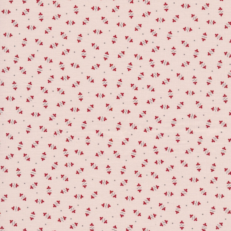 classic cream fabric featuring a red floral ditsy pattern, with small scattered black dots interspersed throughout