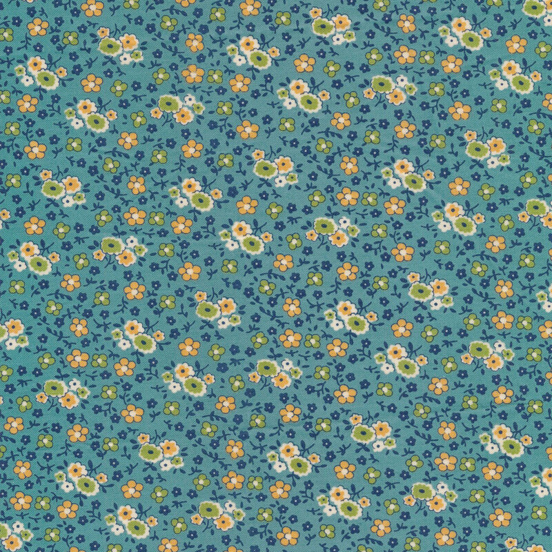 gorgeous teal fabric featuring a packed floral design, in muted shades of navy blue, golden yellow, green, and white