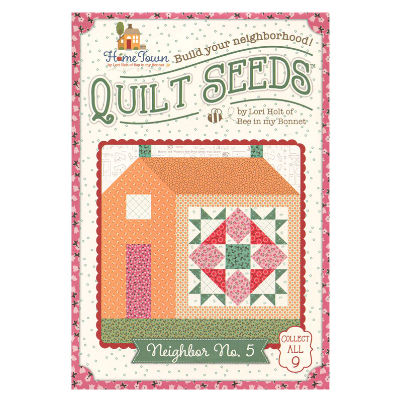 front of the quilt seeds home town block quilting pattern with an example of the finished house on it
