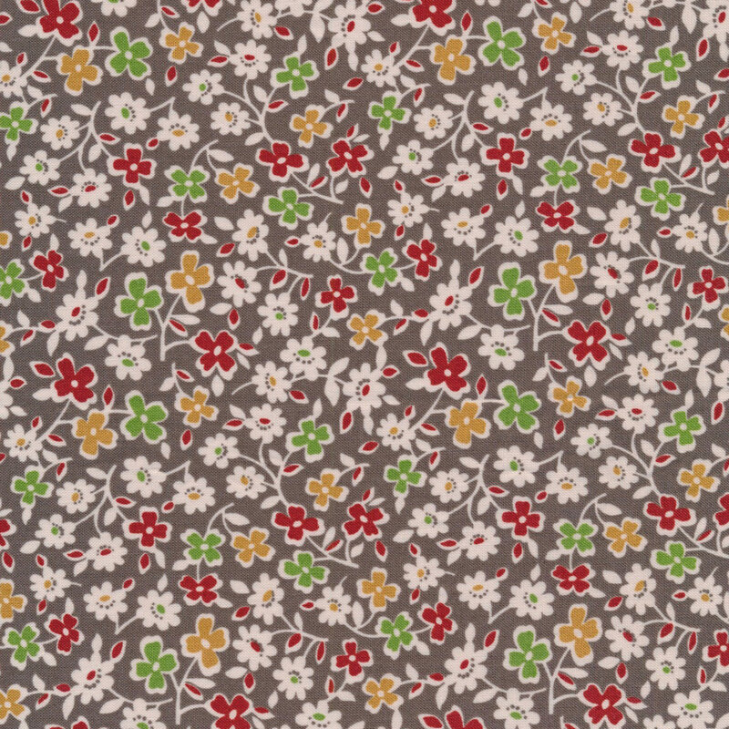 deep gray fabric featuring a scattered white floral design, with accents of red, golden yellow, and green